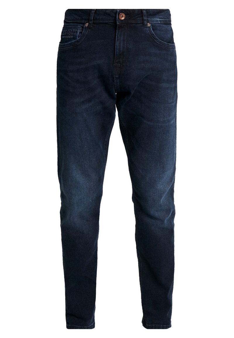 Donkerblauwe slim-fit jeans met voortassen, riemlussen en een knoopsluiting, weergegeven tegen een witte achtergrond.