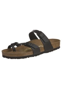 Sandalias de cuero negro con dos correas ajustables, plantilla de corcho, suela marrón y suela de goma duradera con un agarre texturizado.