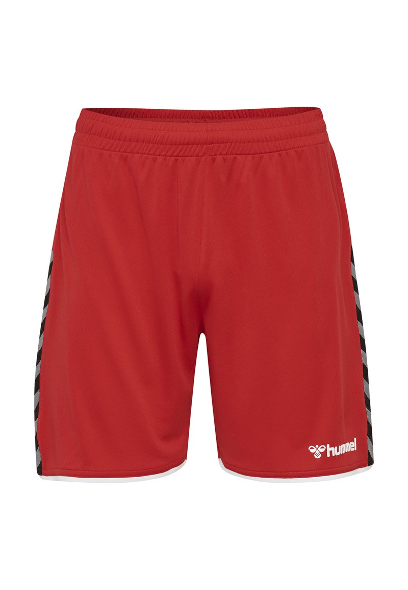 Rote Sportshorts mit elastischem Bund, ausgestattet mit schwarzen und grauen Akzenten an den Seiten und einem weißen Logo in der unteren rechten Ecke.