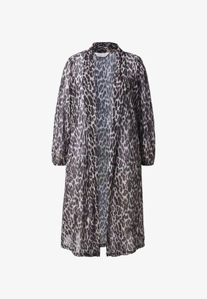 Kimono lungo in stampa leopardata realizzato in tessuto leggero e trasparente, con una vestibilità ampia, apertura frontale e maniche lunghe.