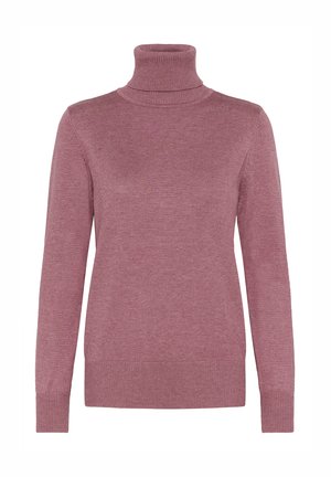 Rose-colored turtleneck sweater made of soft knit fabric; features long sleeves, ribbed cuffs, and hem, with a smooth texture and fitted design.
