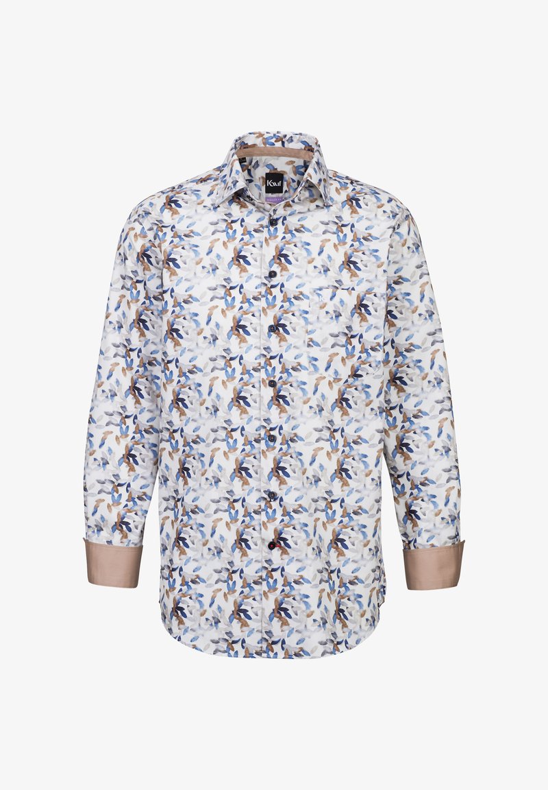 Camicia button-up con un motivo floreale in tonalità di blu, marrone e bianco. Presenta maniche lunghe e una tasca a toppa sul lato sinistro del petto.