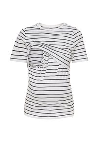 T-shirt d'allaitement à manches courtes à rayures horizontales blanches et noires avec tissu avant superposé pour un accès à l'allaitement.