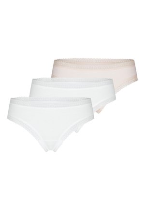 Drei Damen-Bikini-Slips mit Spitzenbesatz in Weiß und Beige, angeordnet in sich überlappenden horizontalen Reihen auf weißem Hintergrund.
