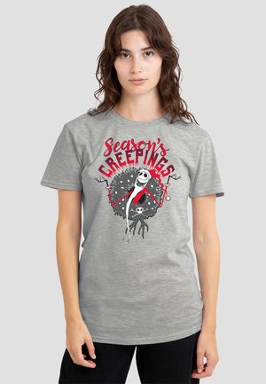 Gray short-sleeve t-shirt featuring a graphic design with "Season's Creepings" in red, depicting a character with a skeleton face and dark accents.