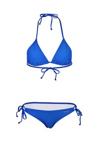 Bikini deux pièces bleu vif avec des liens autour du cou en haut et des liens sur les côtés en bas, pr ésentant une discrète marque "BECO" sur le bas.