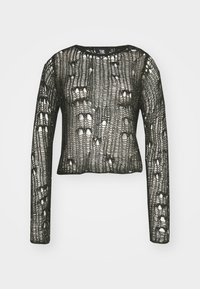 Fekete, hosszú ujjú, cropped top, amely texturált csipkéből készült, nyitott kötésmintával, nagy lyukakkal és kerek nyakkivágással.