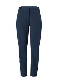 Navy blue softshell pants with a fitted design, featuring zippered side pockets, a smooth texture, and tapered legs with hem accents.