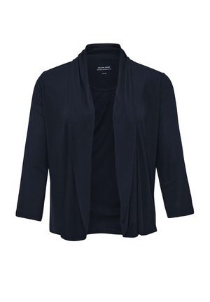 Marineblauwe cardigan van zachte stof, met een gedrapeerde voorkant, driekwartmouwen en een relaxte pasvorm. Geen sluitingen of versieringen.
