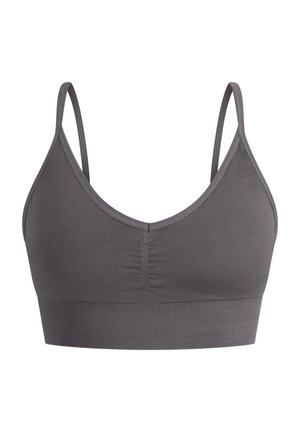 Grauer BH mit dünnen Trägern, der eine glatte Textur, einen V-Ausschnitt und ein breites geripptes Band am unteren Rand aufweist. Leichte Raffung an der Vorderseite.