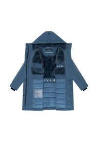 Parka isolée bleue avec doublure en fourrure synthétique, dotée d'une fermeture éclair sur le devant, de plusieurs poches intérieures et d'une capuche ajustable.