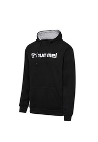 Zwarte hoodie gemaakt van een katoenmix met een trekkoordkap, een voorkantzak en een witte "hummel" logo gedrukt op de borst. Soepele textuur.