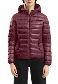 Burgunderfarbene Steppjacke mit Reißverschluss, Kapuze, gestepptem Design und Seitentaschen, aus glänzendem synthetischen Material gefertigt.