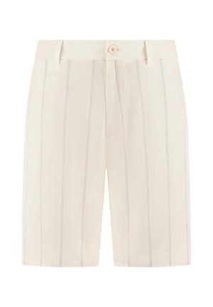 Pantaloncini color crema con sottili righe verticali beige, chiusura frontale con bottoni, vita con passanti per cintura e tasche anteriori.