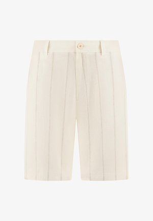 Pantaloncini color crema con sottili righe verticali beige, chiusura frontale con bottoni, vita con passanti per cintura e tasche anteriori.