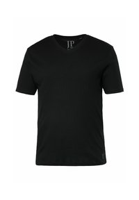 T-shirt nera a maniche corte con scollatura a V. Realizzata in tessuto morbido con una leggera texture, presenta un logo sull'orlo inferiore.