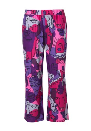 Pantalones de pernera ancha coloridos con diseños abstractos en rosa, púrpura y gris. Cintura elástica; tejido suave con un patrón divertido.