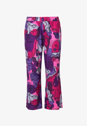 Bunte weite Hosen mit abstrakten Designs in Pink, Lila und Grau. Elastischer Bund; glattes Material mit einem verspielten Muster.