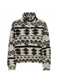 Pull en polaire à col montant, présentant un motif géométrique monochrome en noir et crème, rehaussé d'une fermeture éclair bleue. Coupe décontractée.