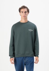 Sweatshirt verde escuro feito de uma mistura de algodão, com decote redondo e mangas longas, apresentando um pequeno logotipo branco no peito. Corte reto.