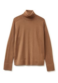 Brauner Rollkragenpullover aus strukturiertem Strickmaterial. Mit langen Ärmeln sowie einem gerippten Kragen und Saum für zusätzliche Details.