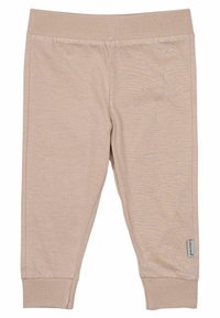 Beige bomullsleggings med en mjuk textur, ankellånga, med en stretchig midja och subtila horisontella ränder. Logotypetikett på sidan.