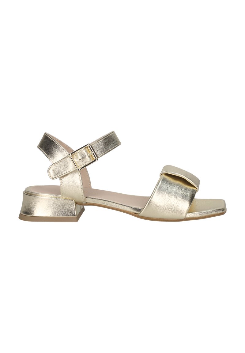 Gold metallic sandals with a square toe, medium block heel, and adjustable ankle strap. Smooth texture and minimalistic design details.