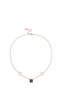 Rose gold chain necklace with three clover-shaped charms, one filled with black enamel, clasp and adjustable extension chain.