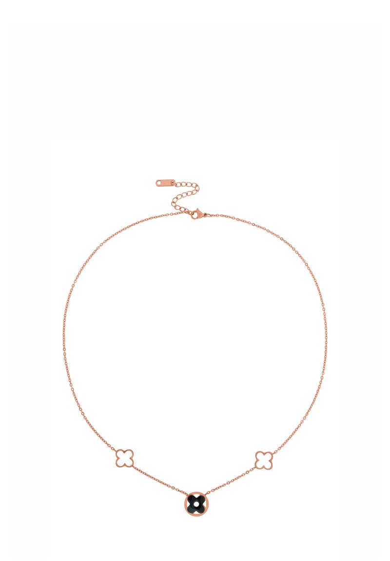 Rose gold chain necklace with three clover-shaped charms, one filled with black enamel, clasp and adjustable extension chain.