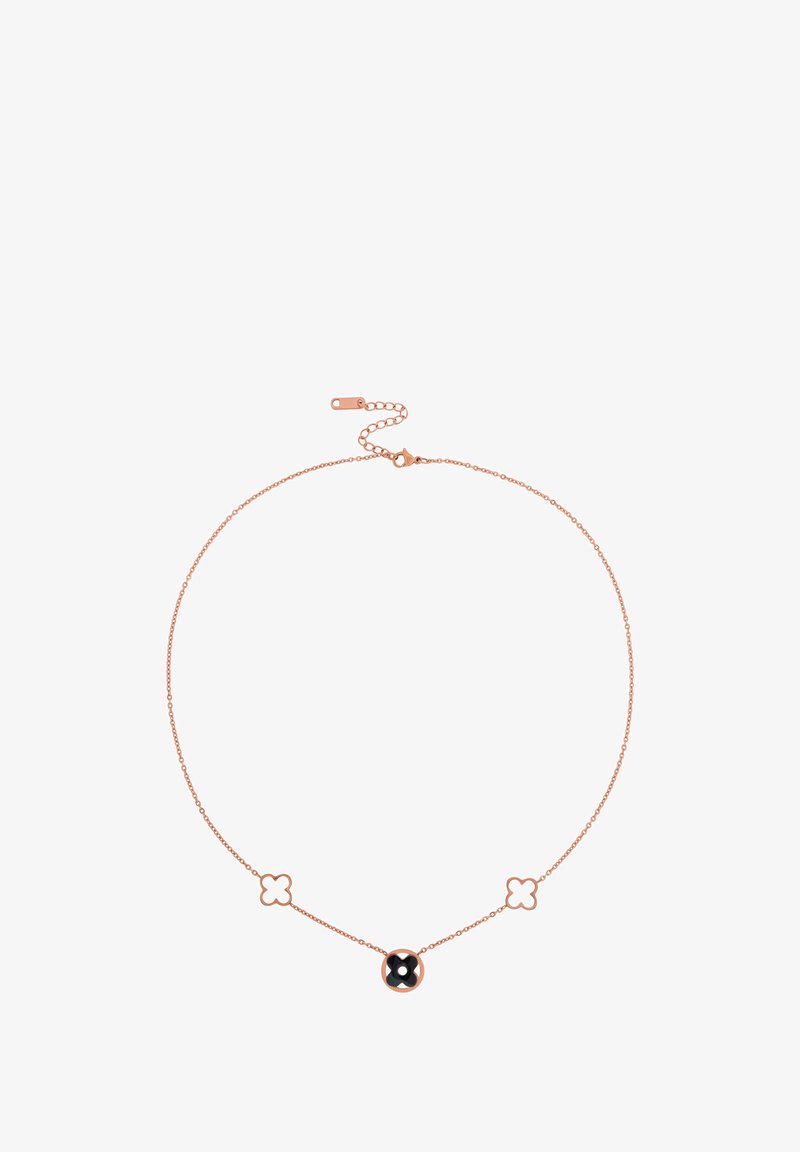 Rose gold chain necklace with three clover-shaped charms, one filled with black enamel, clasp and adjustable extension chain.