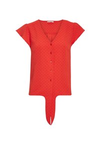 Haut rouge à manches courtes avec un col en V, tissu texturé, boutons décoratifs et un détail fendu à l'ourlet avant.