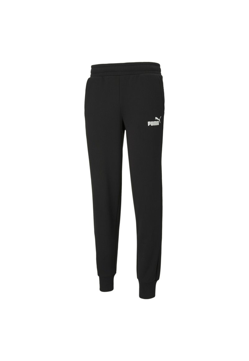 Czarne dresy z tapered designem, elastycznym pasem, ściągaczami i białym logo Puma na lewym udzie.