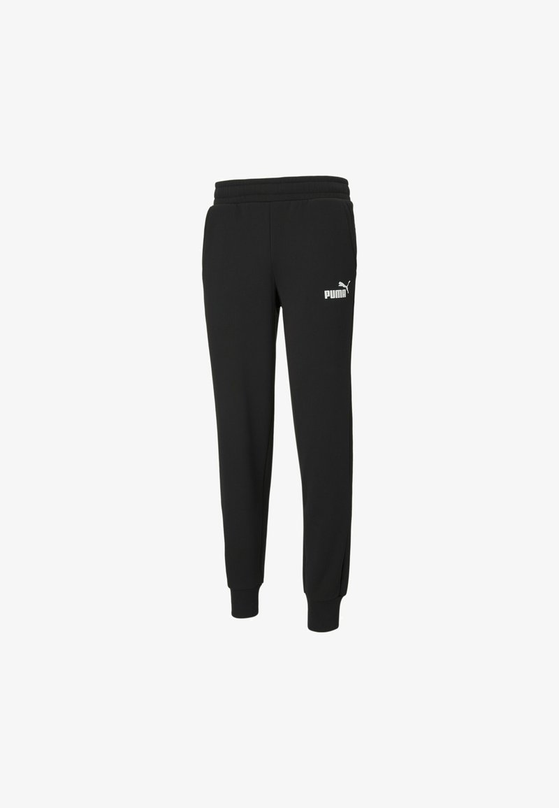 Czarne dresy z tapered designem, elastycznym pasem, ściągaczami i białym logo Puma na lewym udzie.
