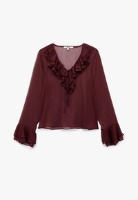Burgundy pitkähihaista puseroa, jossa on röyhelöillä varustettu V-pääntie ja hihansuut. Valmistettu läpinäkyvästä kankaasta, etuosassa on solmimisnauha.