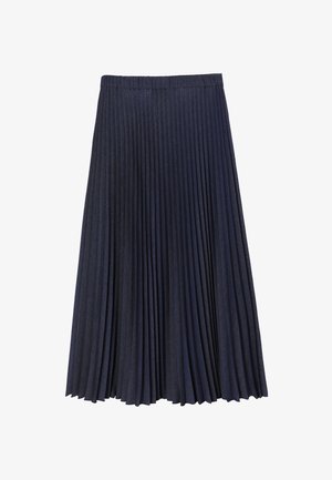 Navy blue pleated midi skirt with elastic waistband, evenly spaced vertical folds, and slightly flared hem.