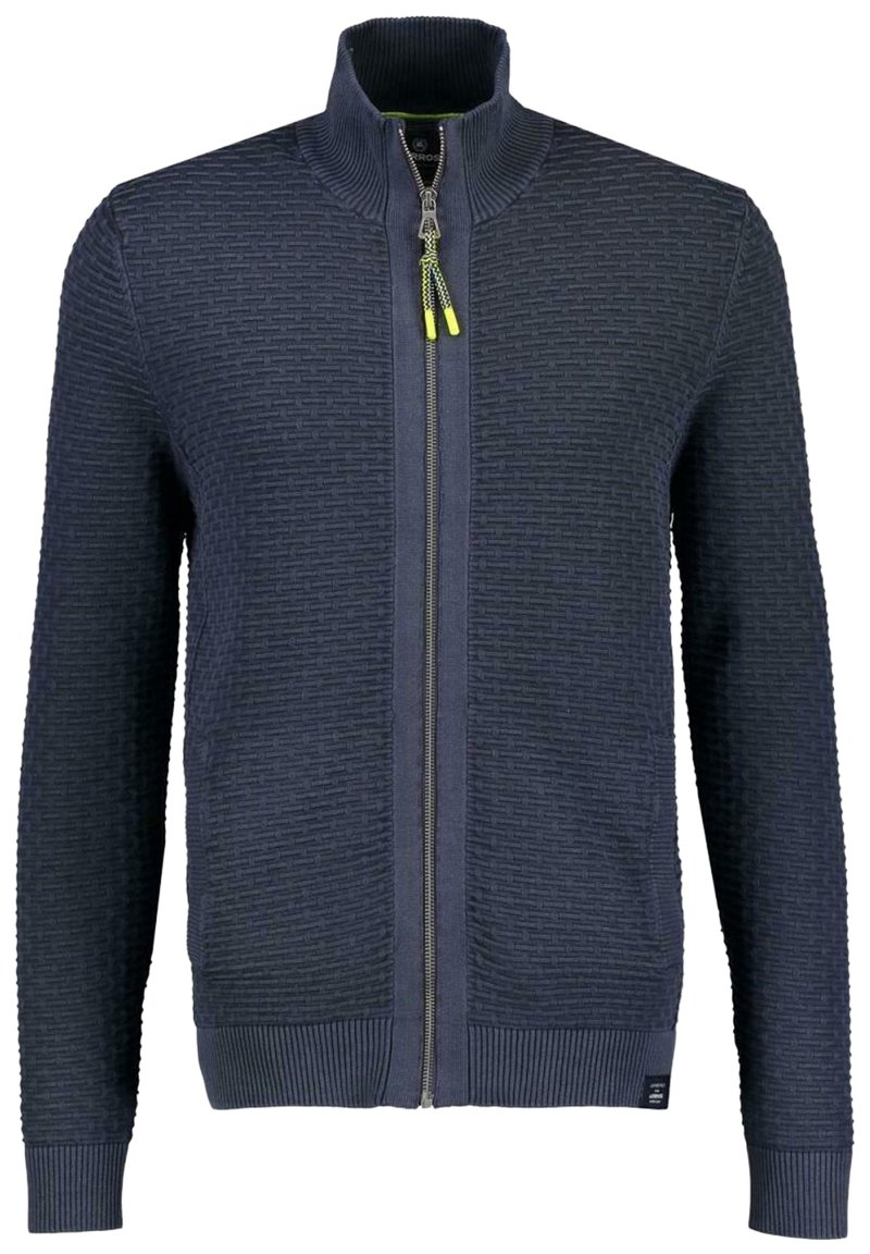 Marinblå zip-up tröja med en strukturerad vävstruktur, ribbade ärmslut och nederkant, samt en kontrasterande gul dragkedjehandtag.