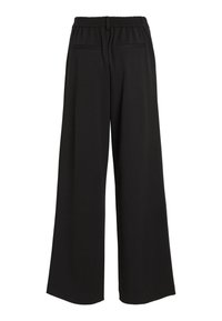 Pantalon noir à jambes larges avec une ceinture élastique et deux poches arrière. Texture lisse, sans motifs visibles, et ajusté à la taille.