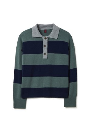 Knit pullover with a gray collar, featuring horizontal stripes in dark green and navy. It has three buttons at the neck and ribbed cuffs.