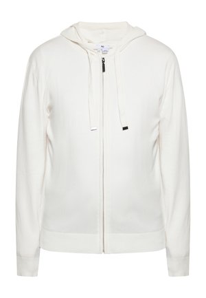 Sweat à capuche blanc zippé avec cordons, poignets et ourlet côtelés, présenté sur un fond blanc uni.