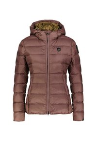 Giubbotto imbottito marrone con cappuccio, chiusura con zip e cuciture verticali. Presenta un rivestimento verde a contrasto e tasche laterali.