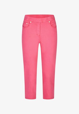 Roze denim capri-broek met een gladde textuur, voorzien van twee voorzakken, een tailleband en metalen accenten aan de zakranden.