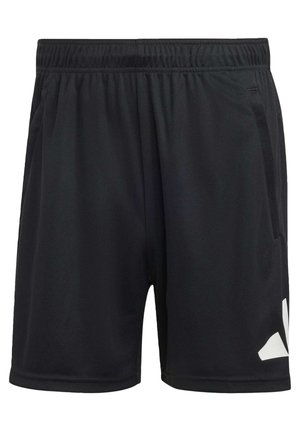 Schwarze Sportshorts aus leichtem Material, mit einem elastischen Bund, Seitentaschen und einem weißen Logo-Akzent am linken Bein.