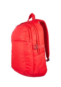 Sac à dos rouge en nylon durable, avec des bretelles rembourrées, deux compartiments zippés et une poche en filet sur le côté pour les accessoires.