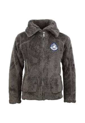 Veste polaire zippée gris foncé avec col montant, deux poches frontales et un blason brodé bleu et blanc sur la poitrine gauche.