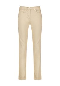 Beige denim pants with a straight fit, featuring a front button closure, belt loops, and classic five-pocket design. Smooth texture.