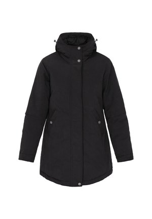 Mustapadded parka huppu, jossa on täydellinen etuavaus, kaksi sivutaskua ja nepparikoristeet. Sileä pinta, hieman pidempi selkä.