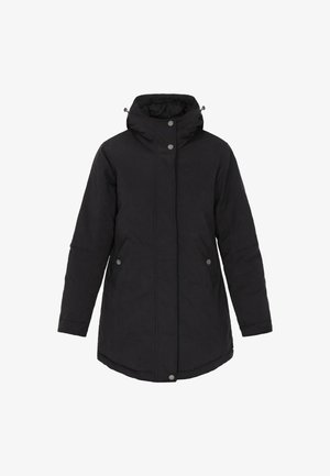 Čierna zateplená parka s kapucňou, obsahujúca plné predné zapínanie, dve bočné vrecká a akcenty na patentky. Hladká textura, mierne dlhší zadný diel.