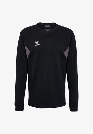 Schwarzes Sportlangarmshirt mit grauen Seitenpaneelen, Rundhalsausschnitt, gerippten Bündchen und weißem Hummel-Logo auf der linken Brust.