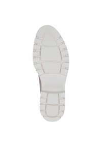 Witte rubberen zool met gemetste grippatronen, licht verhoogde secties en een afgeronde vorm. Achterste hak heeft een lichte kromming voor extra ondersteuning.