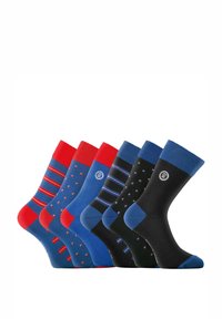 Six paires de chaussettes en rouge, bleu et noir avec des motifs variés, incluant des rayures et des points. Bordures côtelées et détail de logo sur deux paires.